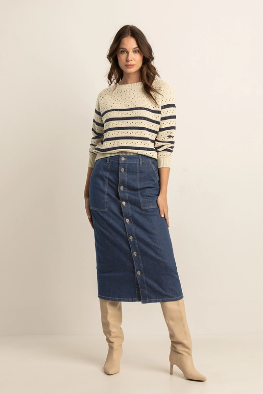 Gestreepte pointelle trui